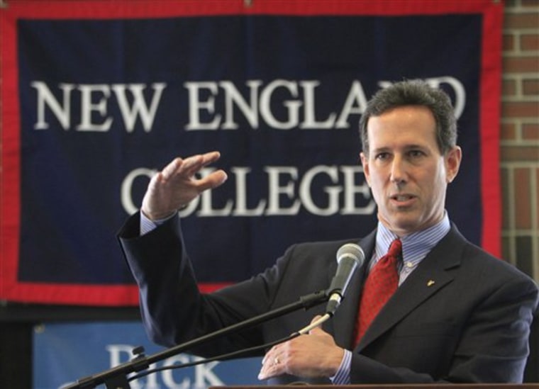 Possible 2012 Republican presidential candidate, former U.S. Sen. Rick Santorum of Pennsylvania talks about the budget with students at New England College on Thursday in Henniker, N.H.